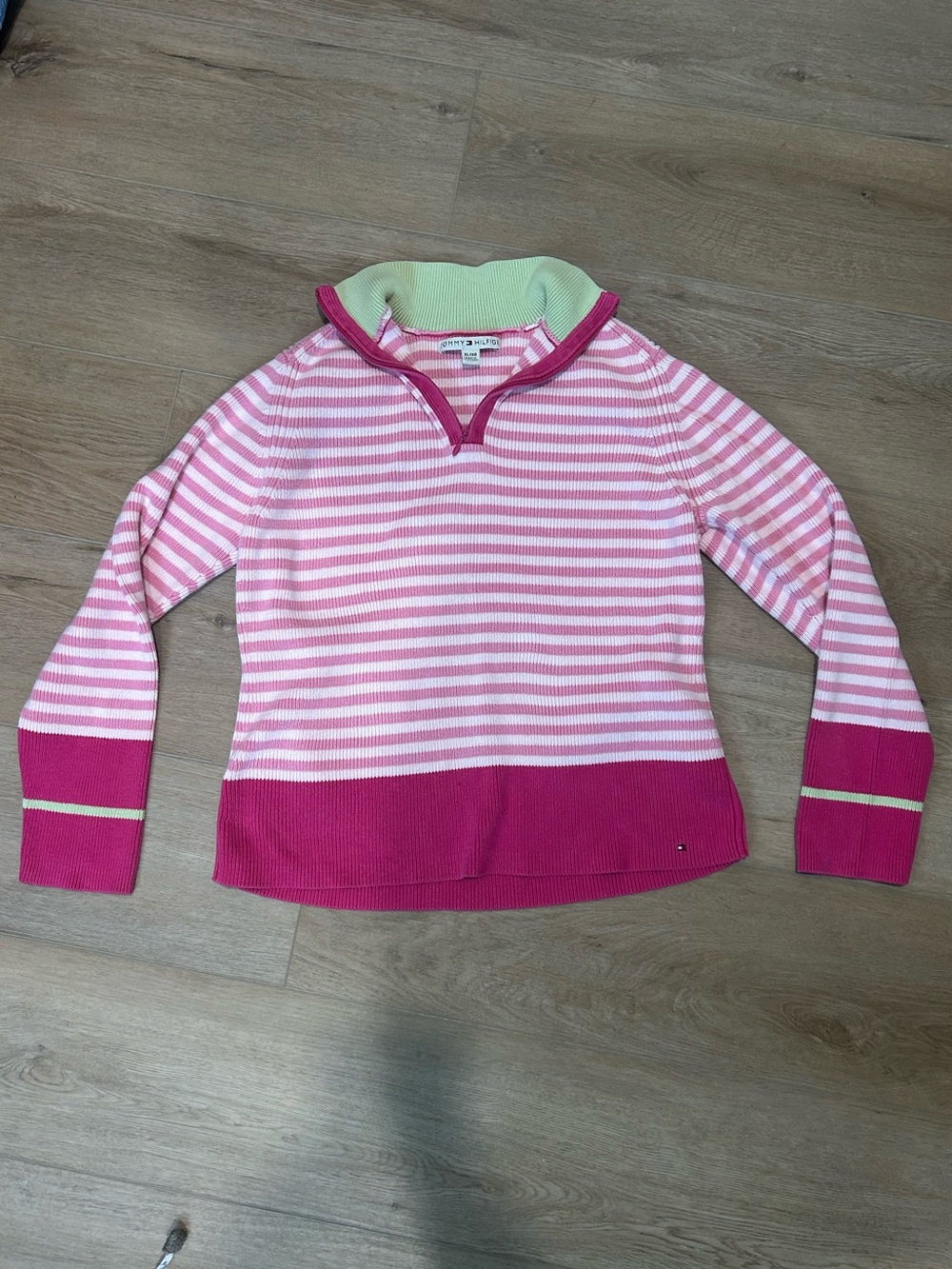 Tommy Hilfiger Pink Striped Quarter-Zip Pullover with Lime Collar